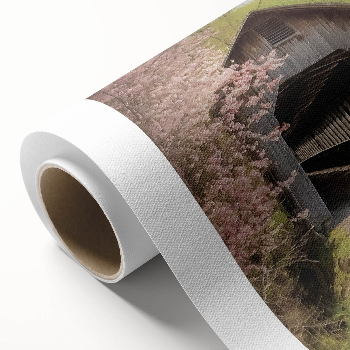 Art deco style covered bridge in muted brown and green tones on rolled canvas, ideal for nursery wall art.
