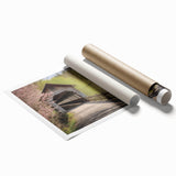 Extra large rolled print of a covered bridge in muted earth tones, suitable for classy bathroom wall art.