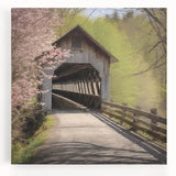 Black and white photo of a covered bridge on stretched canvas, ideal for kitchen wall art.