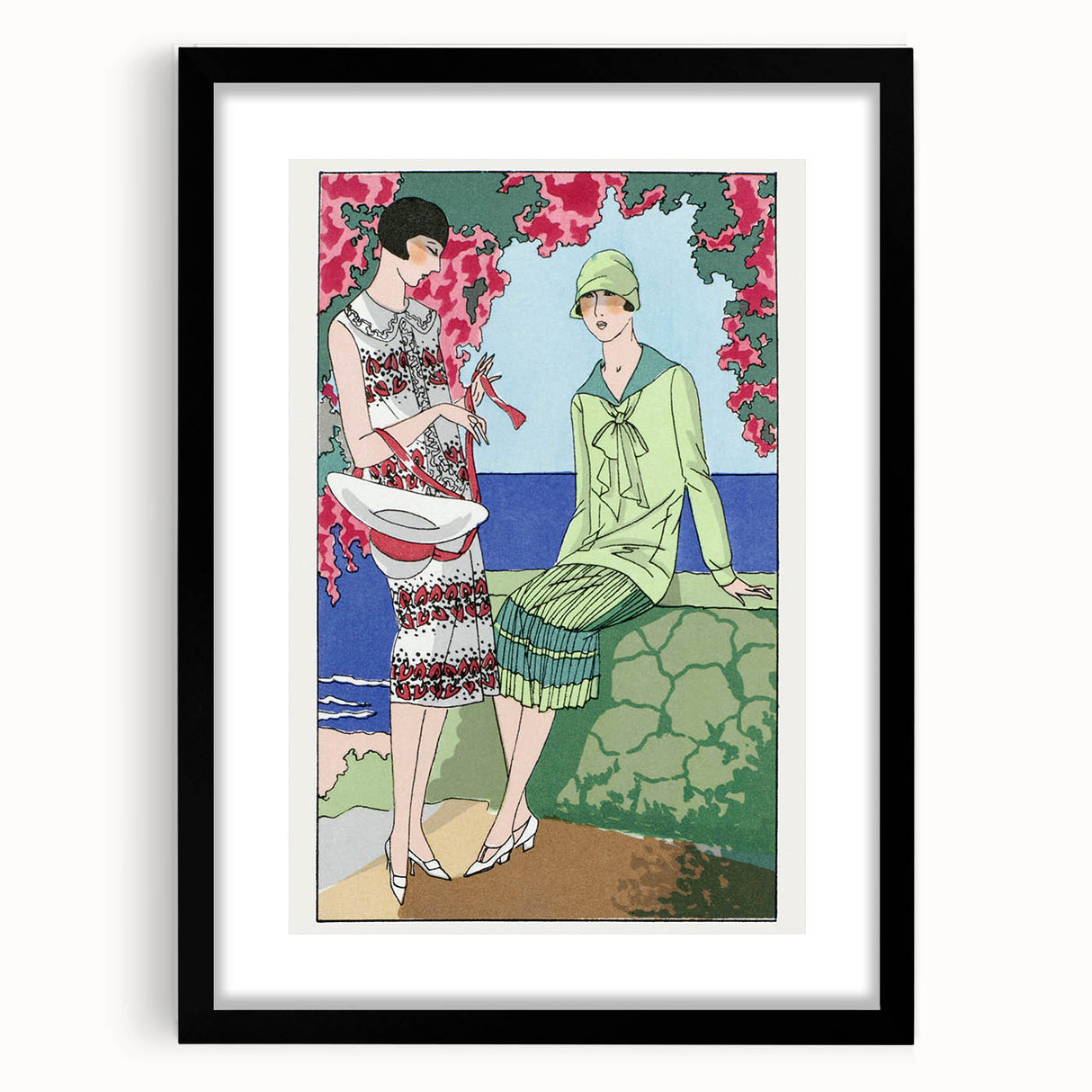 Charming Art Deco Wall Art - Stylish Women in Garden Setting Illustration