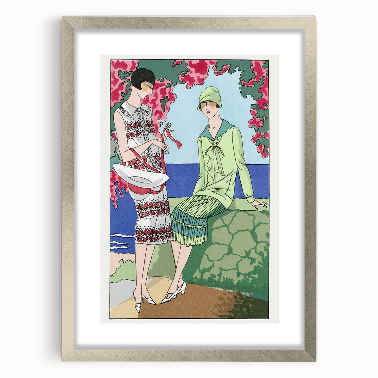 Charming Art Deco Wall Art - Stylish Women in Garden Setting Illustration