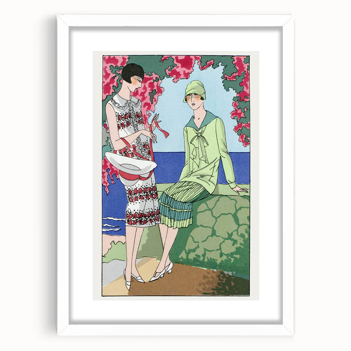 Charming Art Deco Wall Art - Stylish Women in Garden Setting Illustration