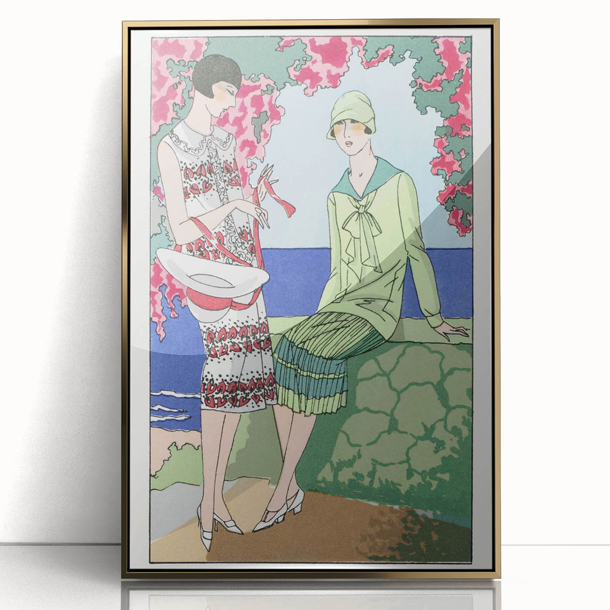 Charming Art Deco Wall Art - Stylish Women in Garden Setting Illustration