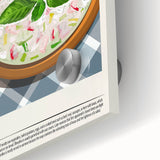 Large abstract wall art featuring assorted food dishes in muted earth tones on acrylic glass, suitable for dining room decor.