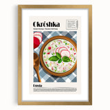 Extra large abstract art print featuring textured food dishes in earth tones, framed in gold, ideal for living room decor.