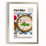 Textured art featuring abstract depiction of food dishes in muted earth tones on a framed silver mat.