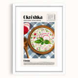 Abstract art print of assorted dishes in muted earth tones on a white framed mat, suitable for dining room decor.