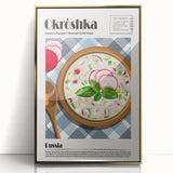 Mid-century modernist large art print of various food dishes in muted colors on a framed acrylic.