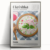 Mid-century modernist art featuring an array of colorful food dishes on a silver-framed acrylic print.