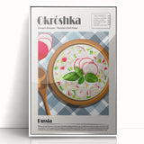 Acrylic print of art deco poster featuring assorted food dishes in muted earth tones, ideal for modern kitchen decor.