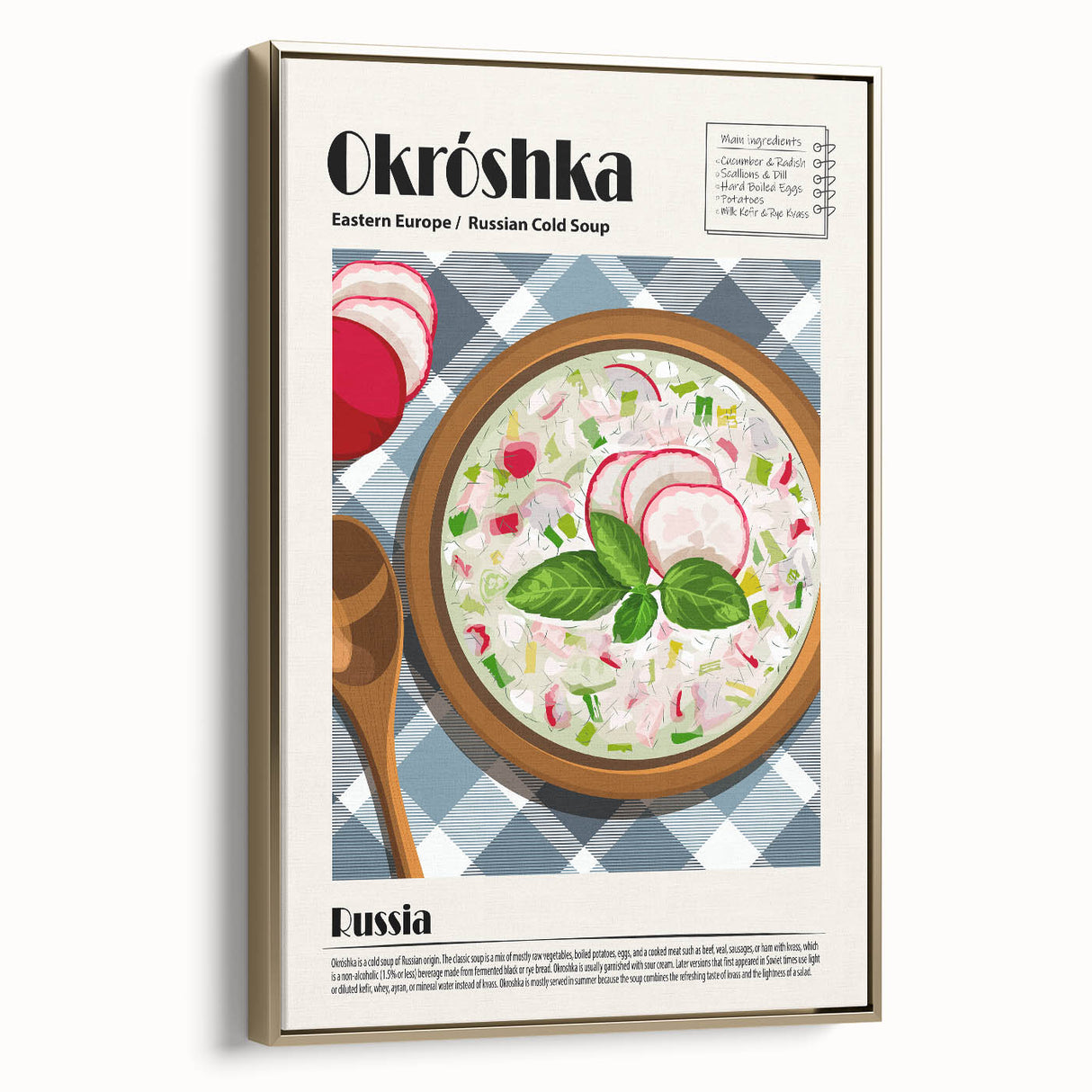 Framed canvas featuring a vintage poster of assorted food dishes in black and gold tones, suitable for bedroom wall decor.
