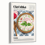 Vintage poster art of colorful food dishes on a large framed canvas, ideal for living room decor.