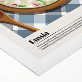 Art deco poster featuring an array of stylized food dishes in bold colors on rolled canvas, suited for dining room decor.