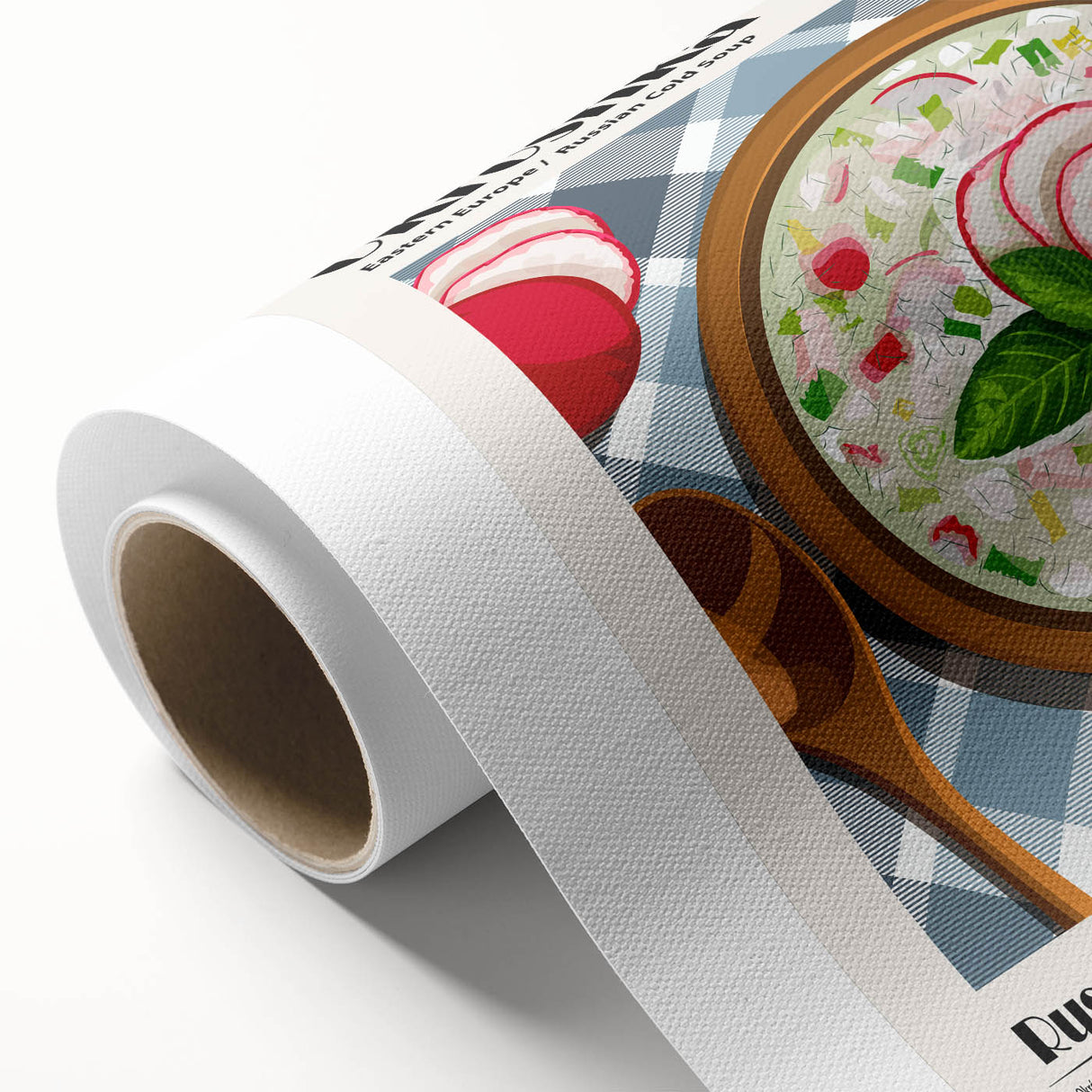 Art deco poster featuring an array of stylized food dishes in bold colors on rolled canvas.