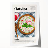 Rolled print of various food dishes in muted earth tones, suitable for art wall dining room decor.