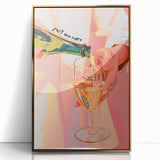 Art deco poster featuring stylized food and drink motifs in gold and black, framed in acrylic.
