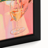 Extra large black wall art featuring a colorful, textured depiction of food and drinks on a framed canvas.