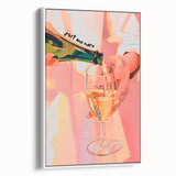 Vintage poster art of colorful food and drinks on a large framed canvas, ideal for living room decor.