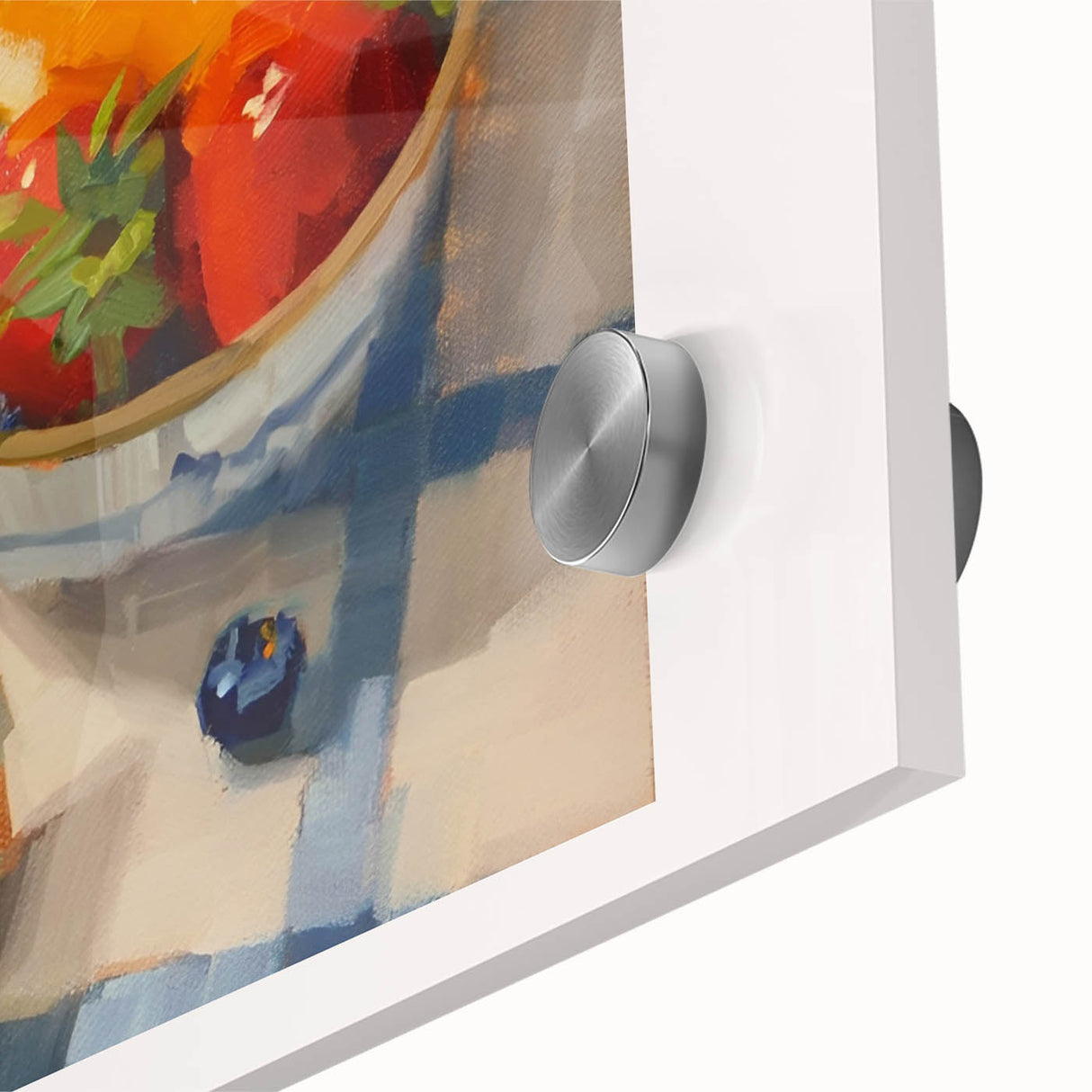 Large abstract wall art featuring assorted fruits in vibrant colors on acrylic glass, ideal for dining room decor.
