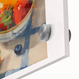 Large abstract wall art featuring assorted fruits in vibrant colors on acrylic glass, ideal for dining room decor.