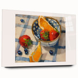 Large abstract wall art featuring vibrant fruits on acrylic glass, ideal for bedroom or dining room decor.