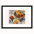 Extra large abstract art print of colorful, textured fruits on a black framed canvas, ideal for living room decor.