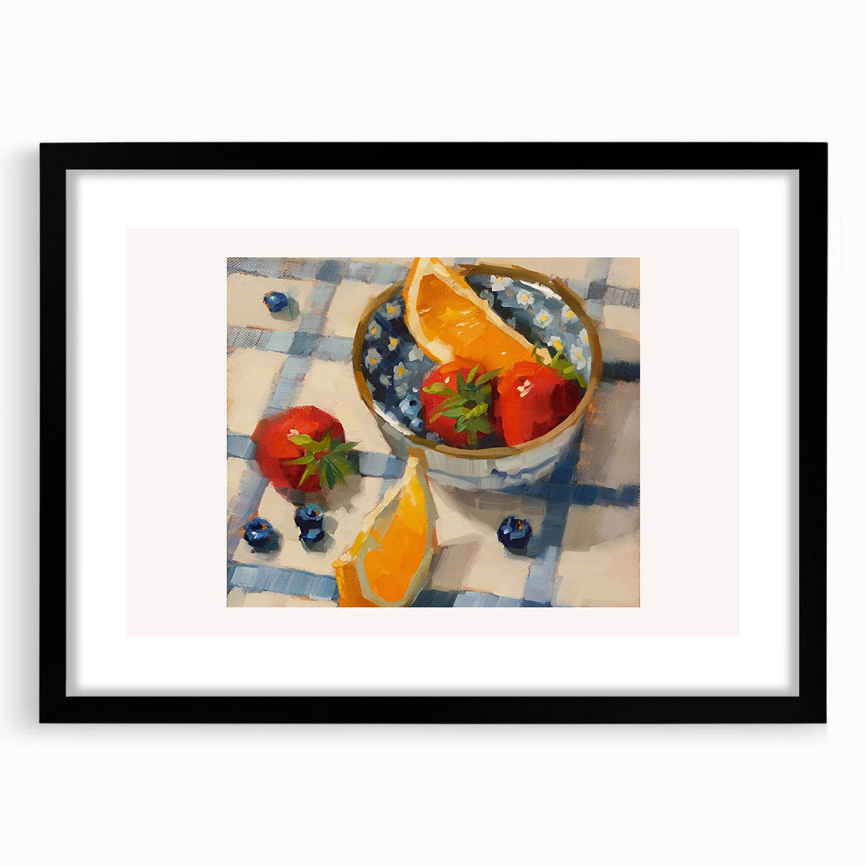 Extra large abstract art print of colorful, textured fruits on a black framed canvas, ideal for living room decor.