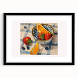 Extra large abstract art print of colorful, textured fruits on a black framed canvas, ideal for living room decor.