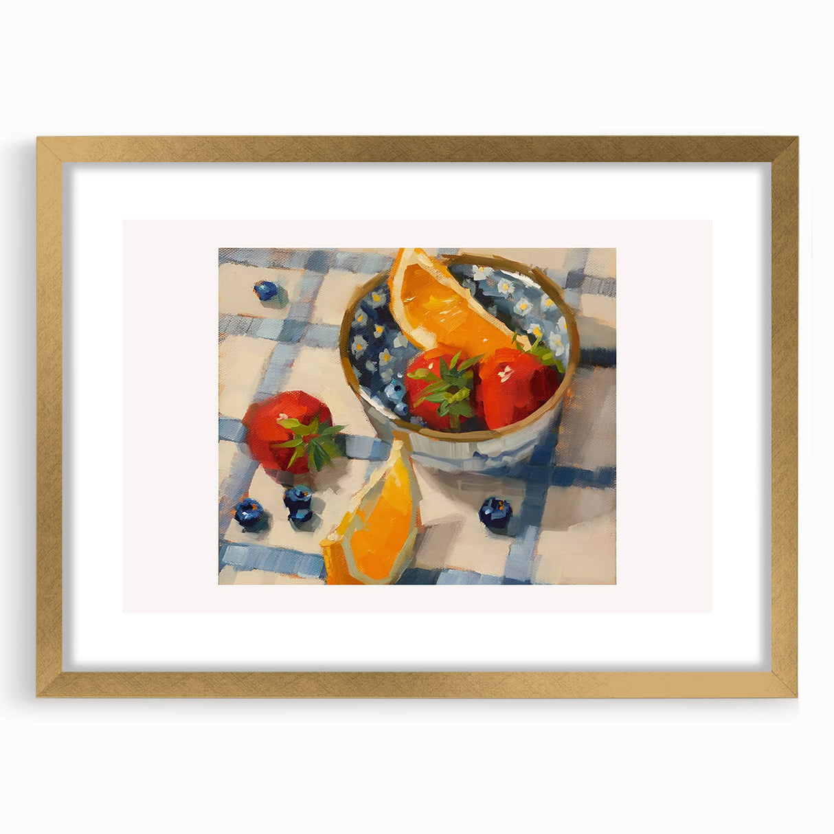 Extra large abstract art print featuring textured fruits in vibrant colors, framed with a gold mat.