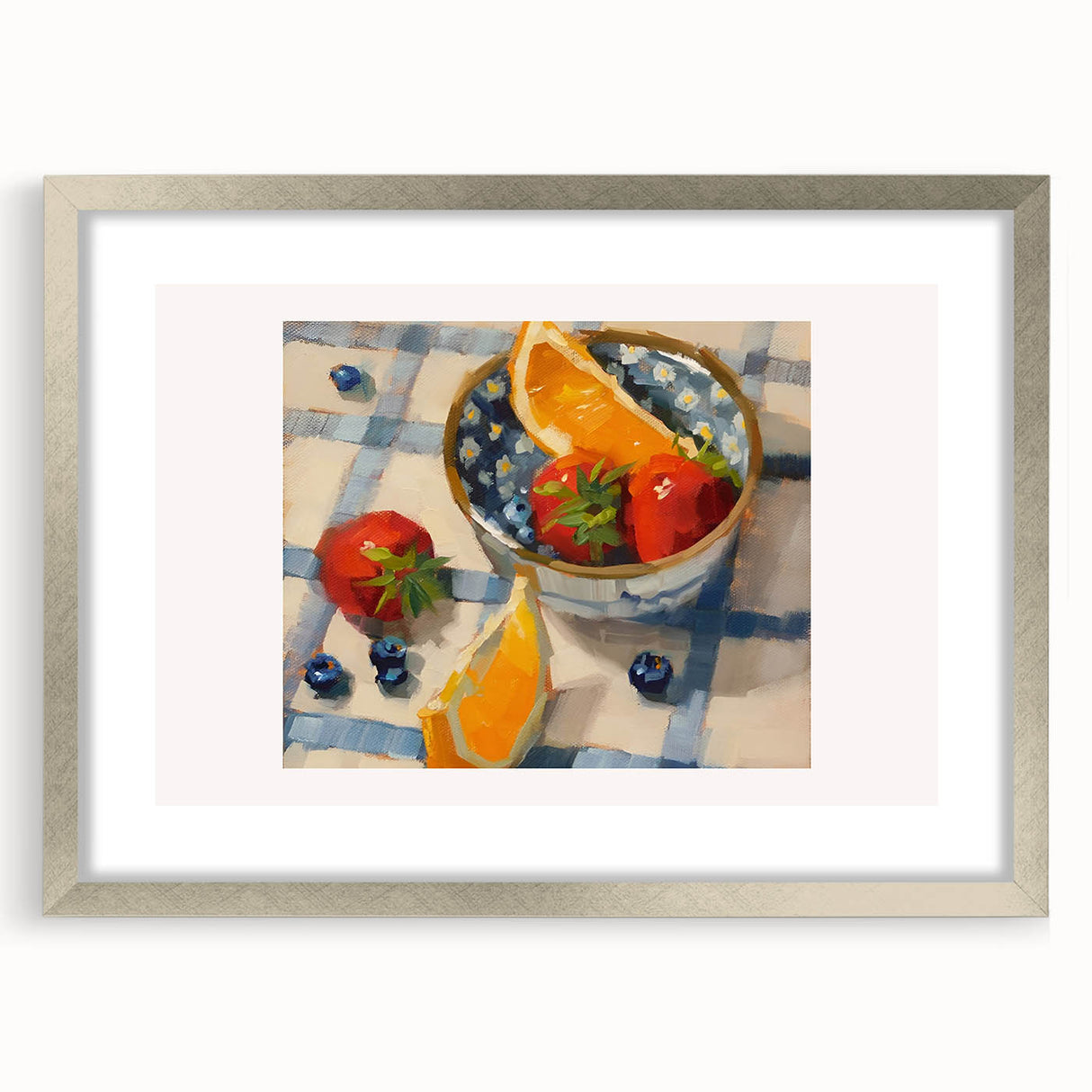 Textured art depicting abstract fruits in muted earth tones, framed in silver, ideal for bedroom art.
