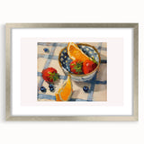 Textured art depicting abstract fruits in muted earth tones, framed in silver, ideal for bedroom art.