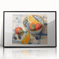 Large abstract wall art featuring vibrant fruit motifs in a mid-century modernist style, framed in black acrylic.