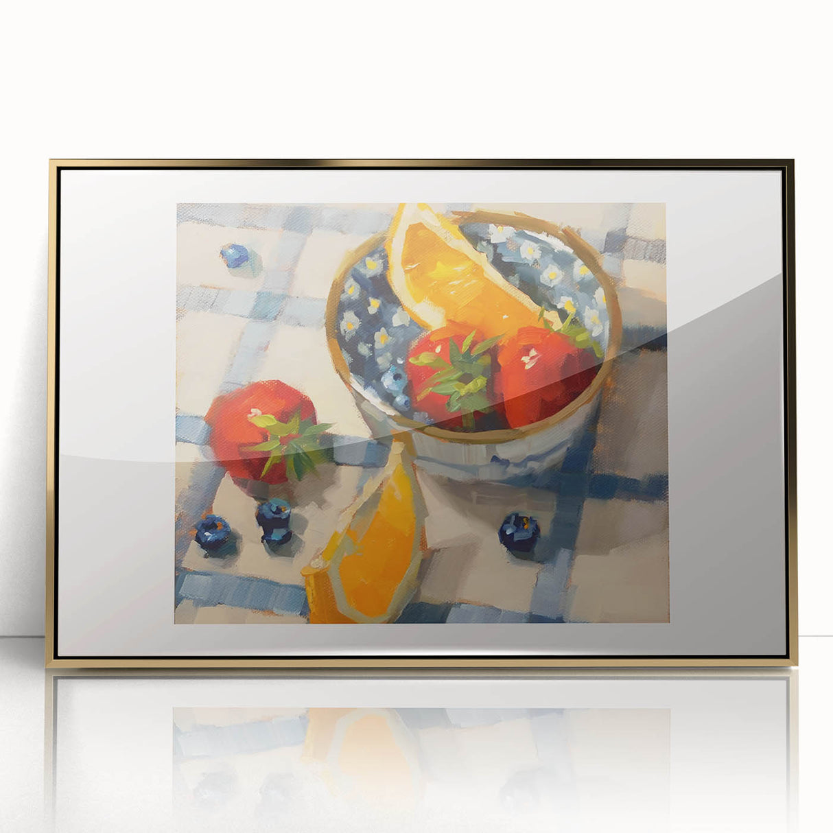 Large art print featuring an assortment of fruits in bold colors on a framed acrylic panel, ideal for modern kitchen decor.