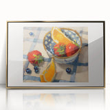 Large art print featuring an assortment of fruits in bold colors on a framed acrylic panel, ideal for modern kitchen decor.