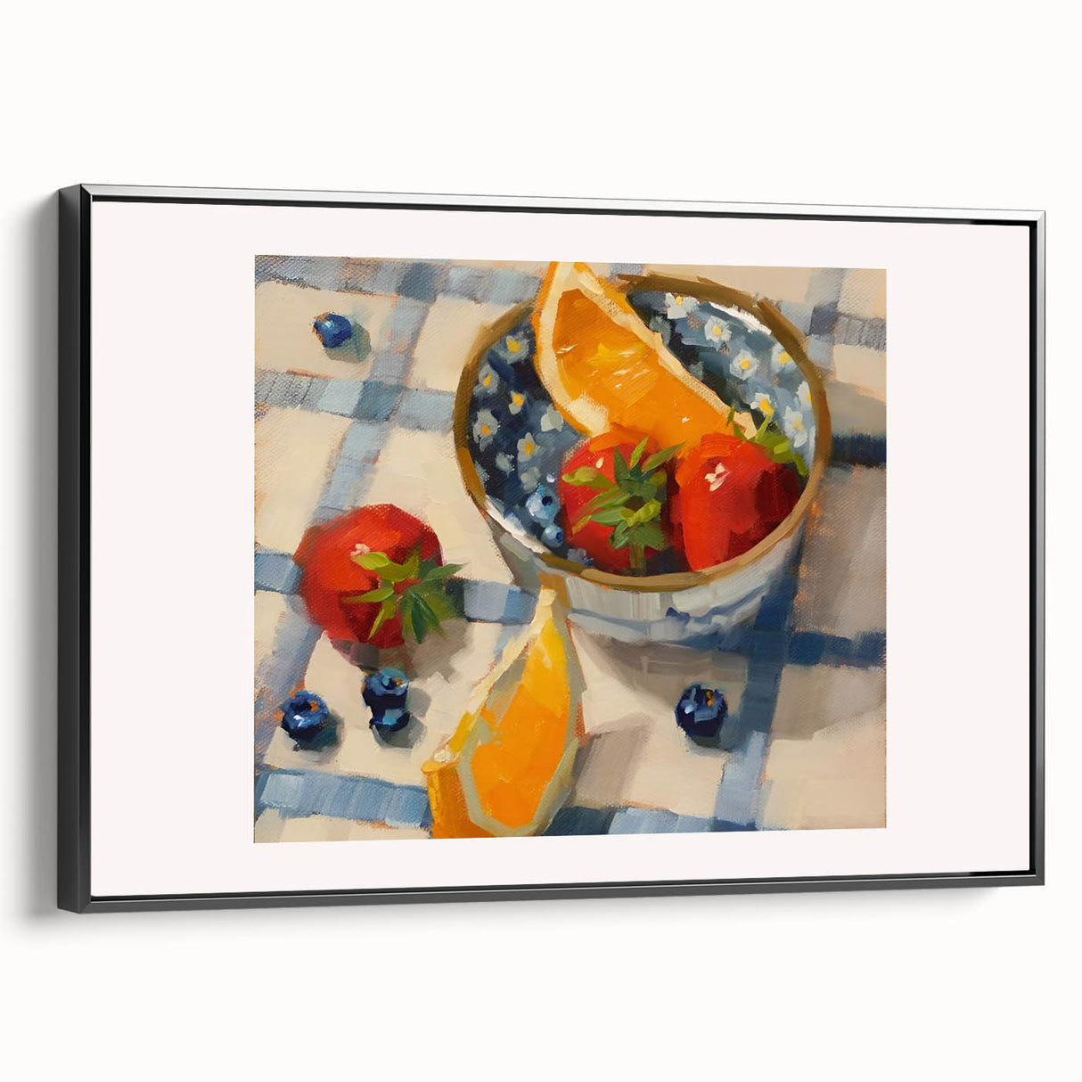 Black and white framed canvas of vintage fruit illustrations, suitable for bedroom wall decor.