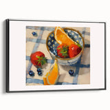 Black and white framed canvas of vintage fruit illustrations, suitable for bedroom wall decor.