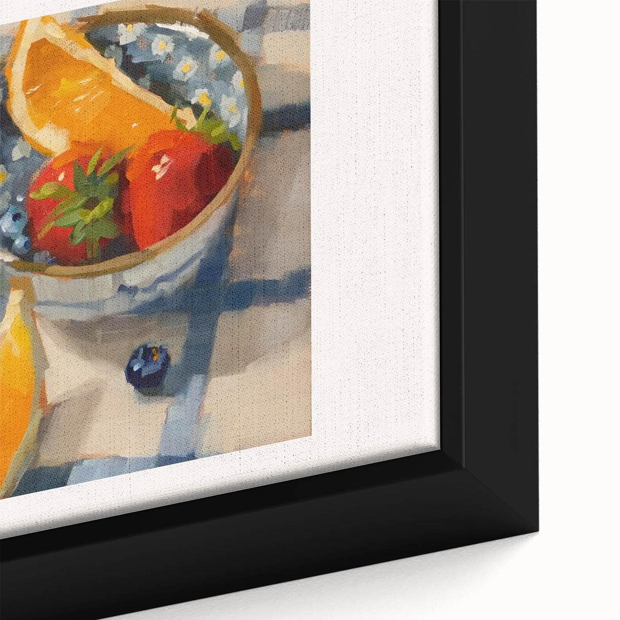 Extra large black wall art featuring colorful, textured fruits on framed canvas, ideal for living room decor.