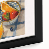 Extra large black wall art featuring colorful, textured fruits on framed canvas, ideal for living room decor.