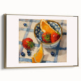 Framed canvas featuring a vintage poster of assorted fruits in a black background, ideal for bedroom wall decor.