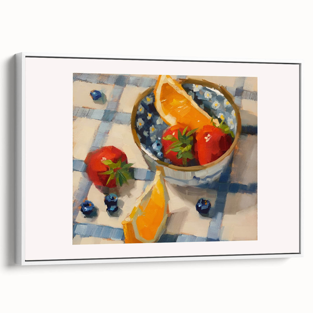 Vintage poster art featuring colorful fruits on a black background, framed canvas, ideal for living room decor.