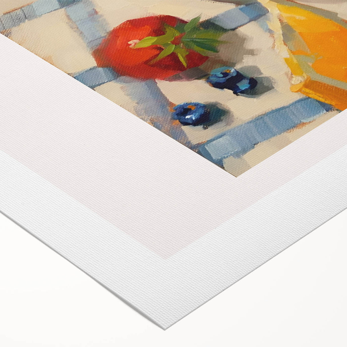 Art deco poster featuring an array of colorful fruits on rolled canvas, suitable for dining room decor.