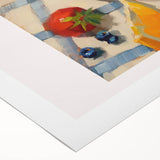 Art deco poster featuring an array of colorful fruits on rolled canvas, suitable for dining room decor.