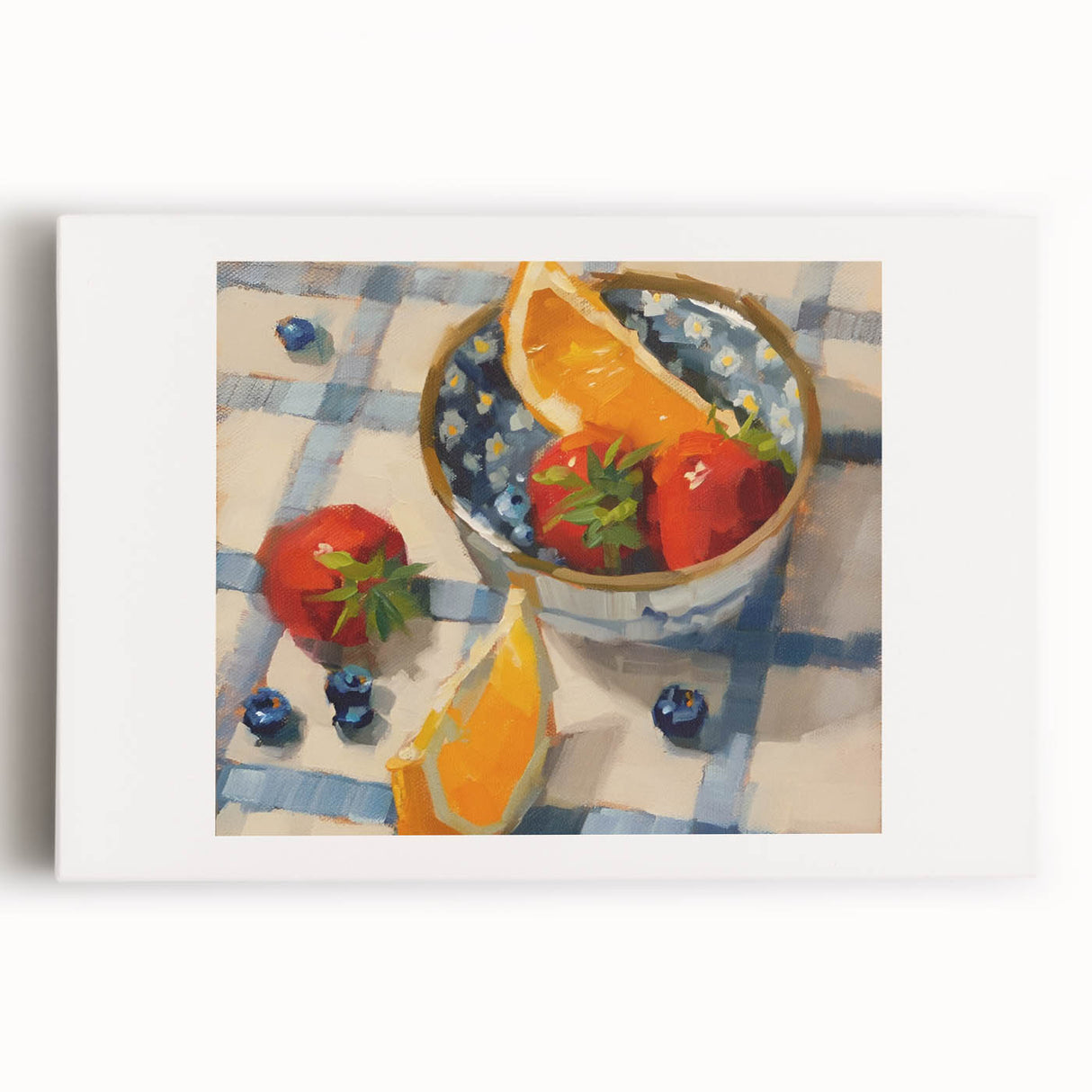 Black and white stretched canvas featuring a large, photorealistic array of assorted fruits, ideal for kitchen wall art.