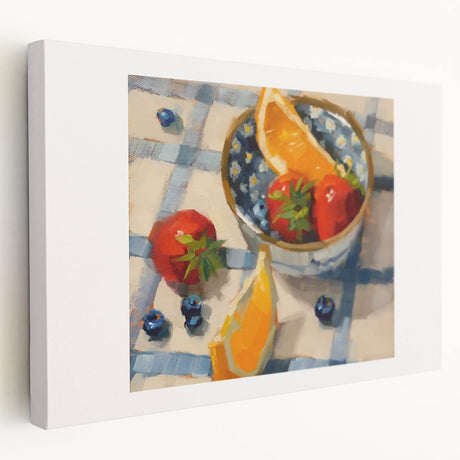 Large canvas featuring an array of colorful fruits, ideal for kitchen wall art.