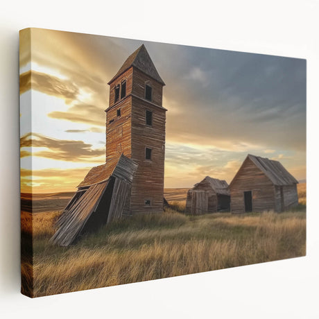 Stretched canvas artwork depicting a rustic barn landscape in muted earth tones, showcasing detailed textures and natural scenery, ideal for home decor.