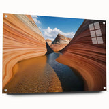 Acrylic glass art piece showcasing a stunning landscape of colorful canyons, viewed from the side, mounted with pins for display. Perfect for modern home decor.