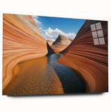 Acrylic glass artwork depicting a stunning landscape of canyons with vibrant colors, side view showcasing the sleek design without visible pins, perfect for modern decor.