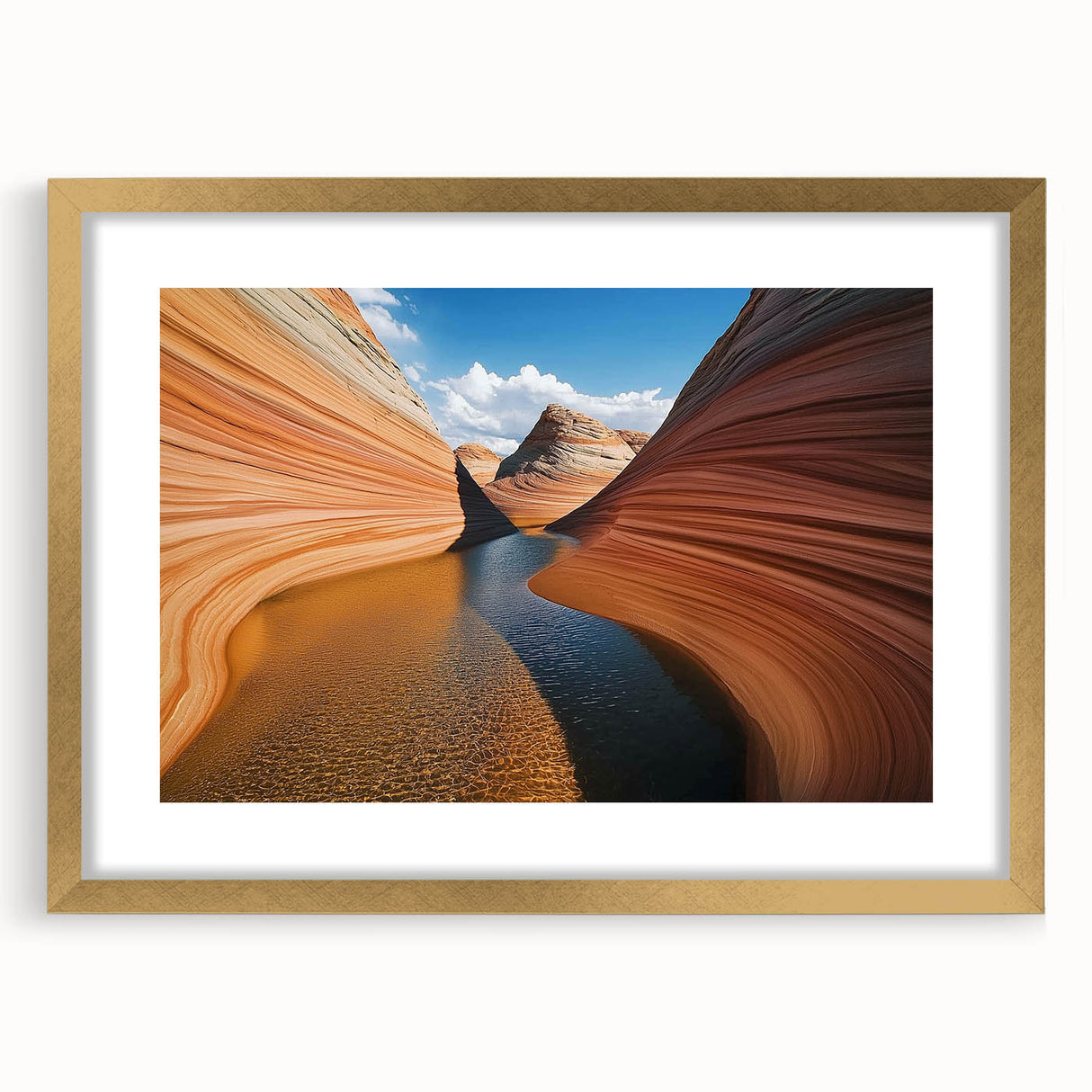 Landscape artwork featuring a golden-framed canyon scene with a mat, showcasing vibrant colors and intricate details, perfect for home decor or art enthusiasts.