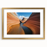 Landscape artwork featuring a golden-framed canyon scene with a mat, showcasing vibrant colors and intricate details, perfect for home decor or art enthusiasts.