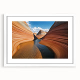 Framed landscape art print showcasing vibrant canyons in rich earth tones, set against a crisp white mat, ideal for modern home decor or office settings.